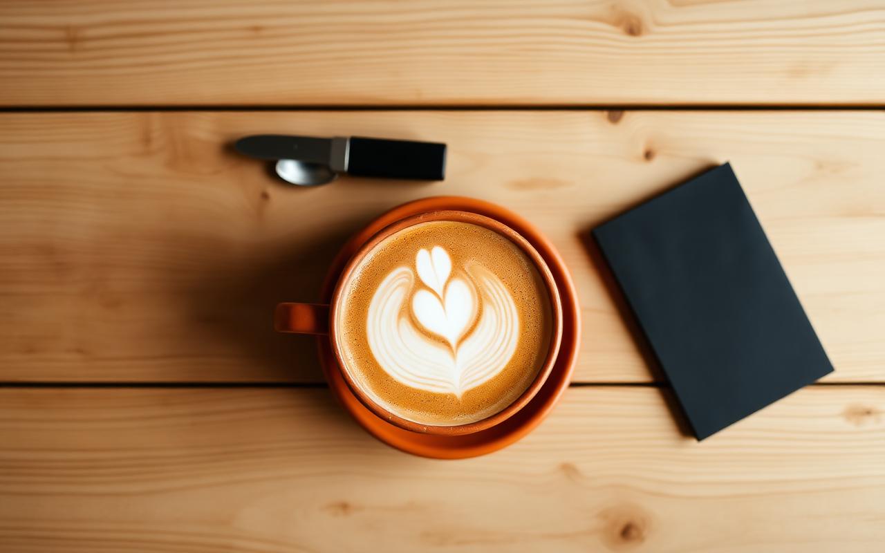 Latte art in a terracotta cup on a wooden table
