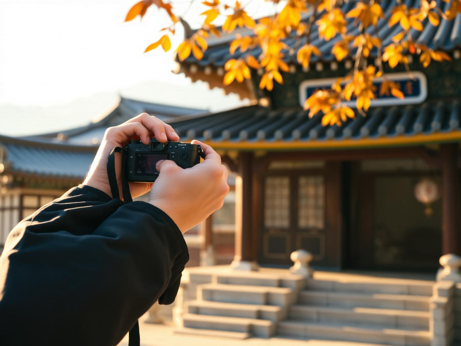 A foreign creator photographs traditional hanok temple buildings at Beomeosa Temple in Busan