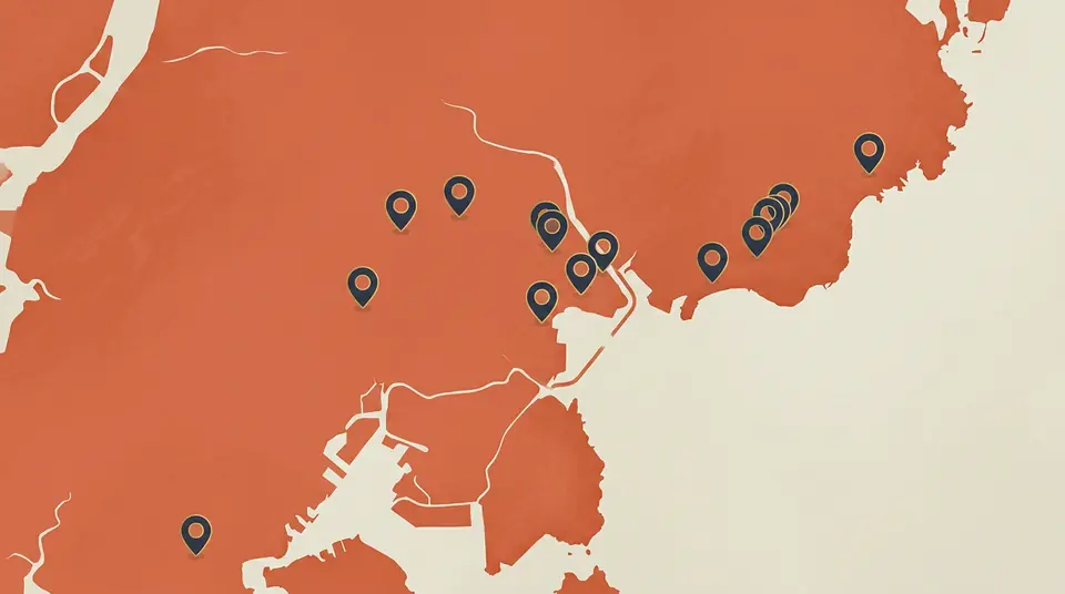 Stylized map of Busan with marker pins