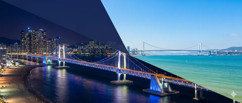 Gwangan Bridge in Busan, South Korea, shown at day and night